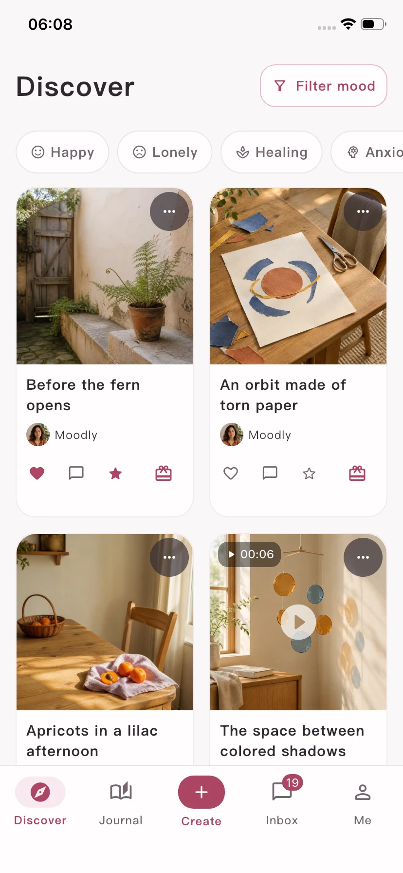 Moodly Discover screen showing English mood filters and creative work cards